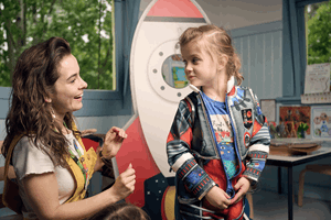 Kindergarten child takes part in astronaut training as they prepare to pack their rocket for a mission to space during Museum Victoria's Rockets and Robots kindergarten incursion program 