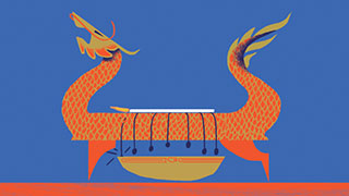 An illustration of a Chinese fire clock, which is an ornamental structure shaped like a dragon, with a hollowed-out centre like a boat. Metal balls on strings are hung off the side above a metal bowl so that when a candle burns down and lights the string, the ball will fall into the bowl and make a metal clang, marking the passing of another hour.
