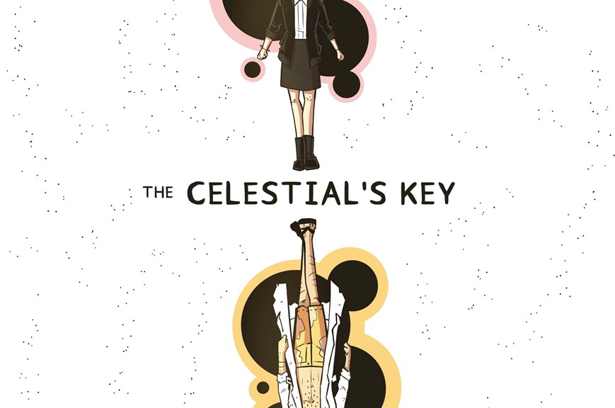 Typography reading 'The Celestial's Key'. Illustrated people are standing above and below the text.
