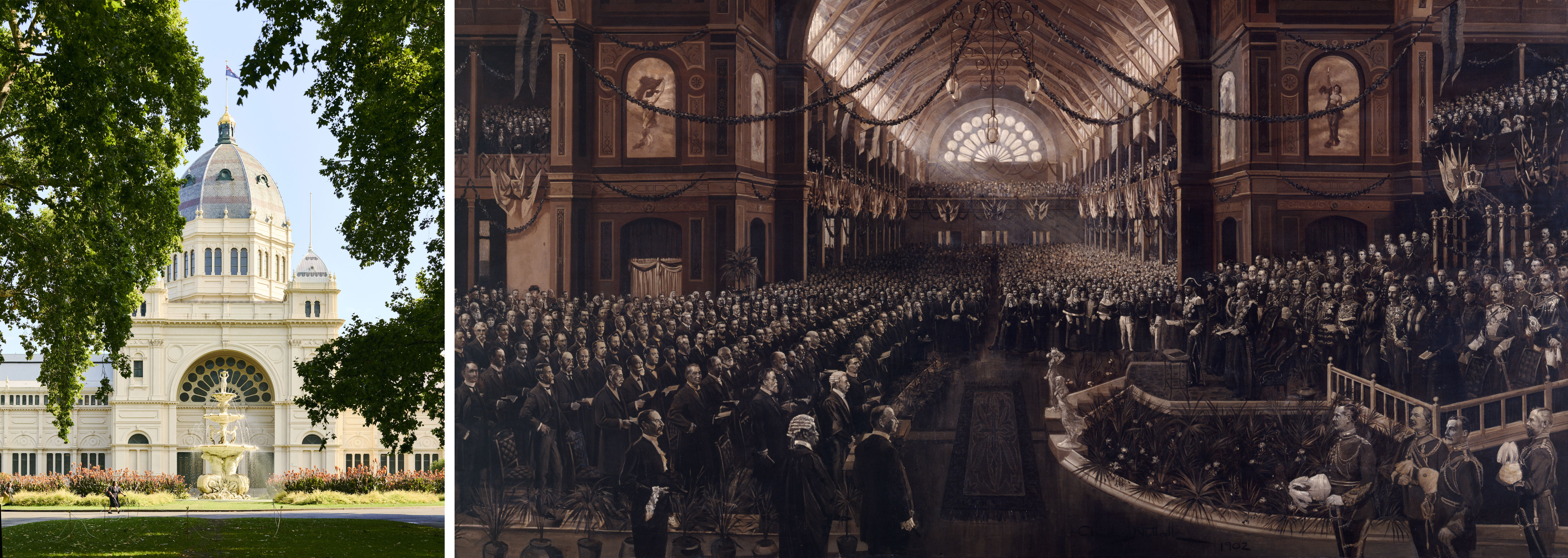 Left: Royal Exhibition Building, Photographer: Tom Breakwell, Source: Museums Victoria and Right: Painting 'The Opening, Commonwealth Parliament', by Charles Nuttall, 1901-1902. Source: Museums Victoria
