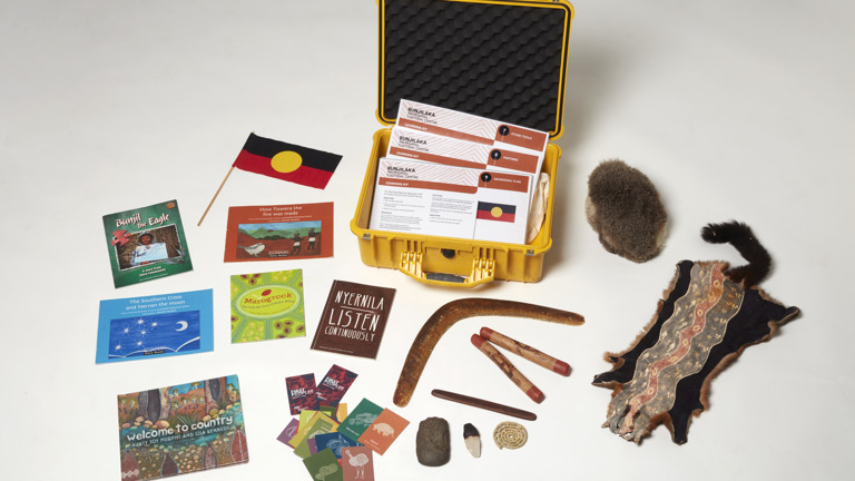 First Peoples outreach kit, box with objects arranged around it, material linked to curriculum, years F to 4