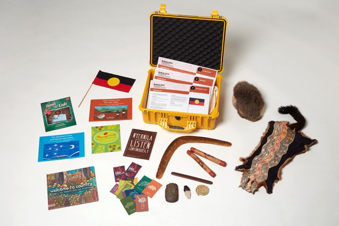 First Peoples outreach kit, box with objects arranged around it, material linked to curriculum, years F to 4