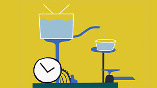 An illustration of a water clock that looks like two vessels of water on different sides of a scale, with one vessel that has a spout and siphons water into the other vessel that sits atop a pendulum which moves the clocks behind the clock, helping to tell the time.