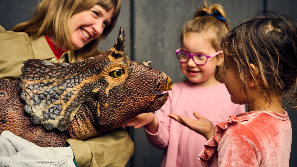 Children pat a baby triceratops.