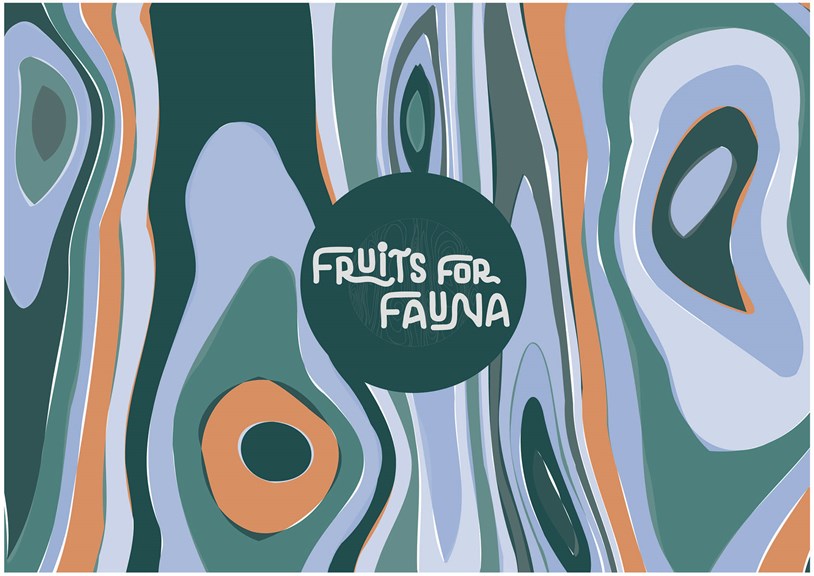 Fruits For Fauna' logo with green, blue and orange graphic design in the background.