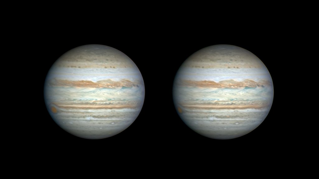 Two image of planet Jupiter sitting side by side in front of a black sky with stars 