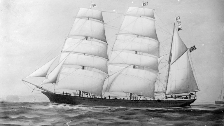A glass negative of the three-masted barque Acacia, a similar ship to the Dale Park, which brought Anne Trotter to Australia.