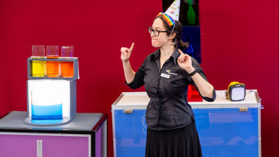 A science presenter during an Amphitheatre show at Scienceworks.